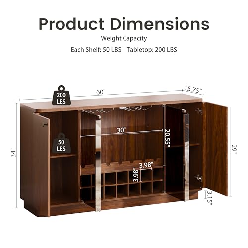 beronbaer Coffee Bar Cabinet with LED Light & Glass Doors, 60\" Wine Liquor Cabinet with Wine Rack & Glass Holder & Adjustable Shelves, Coffee Station Sideboard Buffet Cabinet for Living Room Kitchen - Thumbnail 2