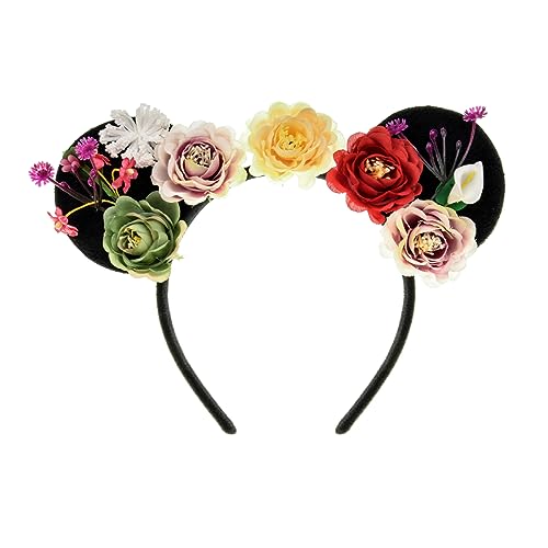 A Miaow Flower Headpiece Festival Black Headband Christmas Eve Floral Hair Hoop Halloween Park Women Adults Costume Photo Shoot (Bright Flowers)