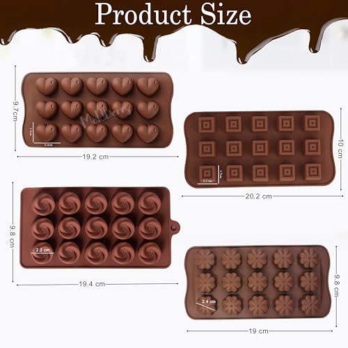 Image of Moldberry Silicone Chocolate Moulds Set of 4 | 15-Cavity Heart, Rose, Square & Flower Shape Molds for DIY Homemade Chocolates, Jelly, Candy & Gummies | Non-Stick Silicone Baking Mould |