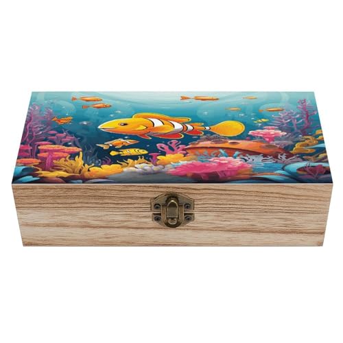 Coffre de rangement en bois rétro avec couvercle à motif corail