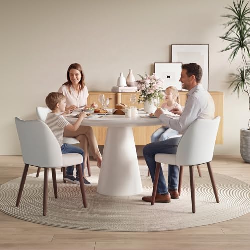 Image of Upholstered Dining Chairs Set of 6, Farmhouse Fabric Kitchen Chairs with Solid Wood Legs, Modern Dining Room Chairs for Restaurant & Cafe, Light Grey