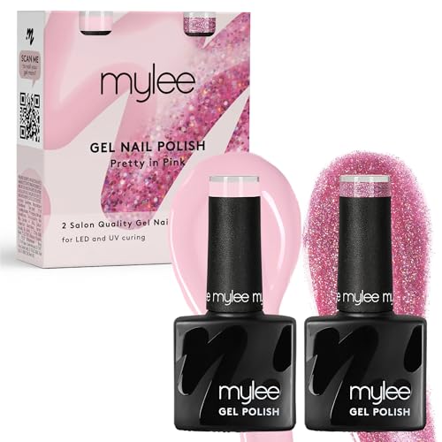 Mylee Gel Nail Polish Duo Set 2x8ml [Pretty In Pink] - UV/LED Soak-Off Nail Art Manicure Pedicure for Professional, Salon & Home Use - Long Lasting & Easy to Apply