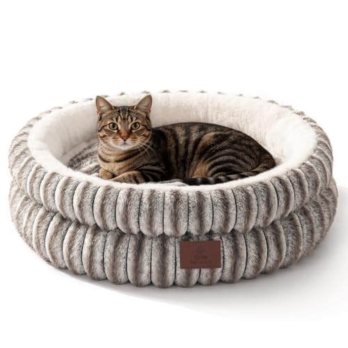 SOMAHE Cat Bed for Indoor Cats, Washable Round Plush, 20×20 Taupe Gray | Reversible Cushion + Machine Washable: soft round cat bed with plush raised sides for cozy indoor naps.