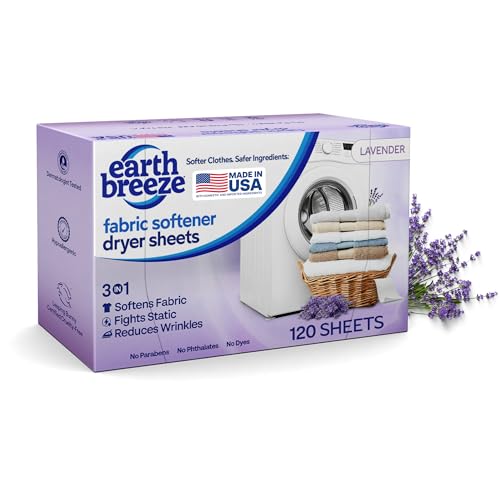 Earth Breeze Fabric Softener Dryer Sheets Lavender Hypoallergenic No Harsh Chemicals Safe Ingredients Soft Clothes Static Cling & Wrinkle Reducer Gentle Fabric Care Made in USA (1 Pack)