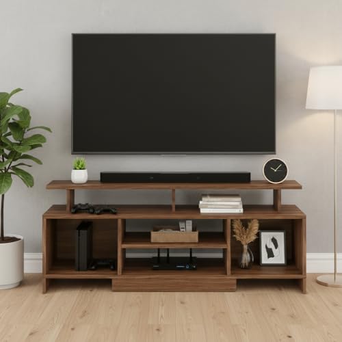 Image of FURNEASER Kashvi Floor Standing TV Unit for Living Room | Modern Engineered Wood TV Cabinet with Open Storage Shelves | Entertainment Center for Upto 55 Inch TV (Exotic Teak Finish)