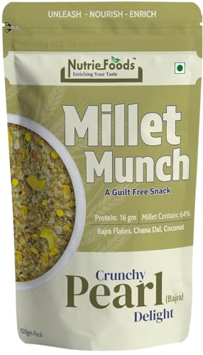 Image of Nutriefoods Millet Munch Snack, 100% Roasted Millets & Guilt Free Snack, Nutritious Munch, Bajra, Jawar, Ragi, Qquinoa, Foxtail Snack (Crunchy Pearl Millet (Pack of 2), 200gm)