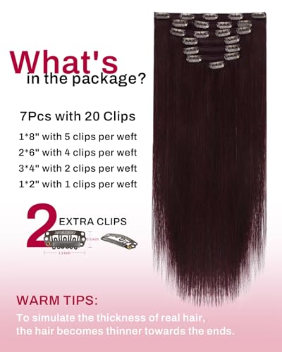 Image of Moresoo Burgundy Human Hair Clip in Extensions Long Wine Red 24 inch | Red hair extensions clip ins, wine red burgundy, 120g 7pcs full head set for party looks and long straight styles