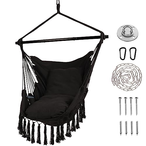 Ciouper Hammock Chair Hanging Rope Swing with Stylish Tassels - Max 500 Lbs - 2 Cushions Included - Heavy-Duty Steel Spreader Bar with Anti-Slip Rings - for Any Indoor or Outdoor Spaces (Grey) Ciouper Hammock Chair Hanging Rope Swing with Stylish Tassels - Max 500 Lbs - 2 Cushions Included - Heavy-Duty Steel Spreader Bar with Anti-Slip Rings - for Any Indoor or Outdoor Spaces (Grey)