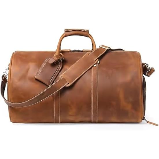 Full Grain Leather Weekender Bag | Classic Men's Overnight Duffel with YKK Zipper, 20-inch Vintage Leather Duffle | Brown