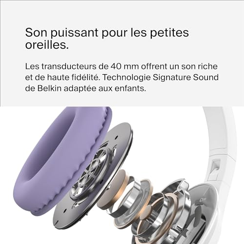 Belkin Casque bluetooth sans fil SoundForm Inspire pour enfants (apprentissage en ligne, voyage, microphone intégré, compatible avec l'iPhone, l'iPad, le Galaxy, etc.)