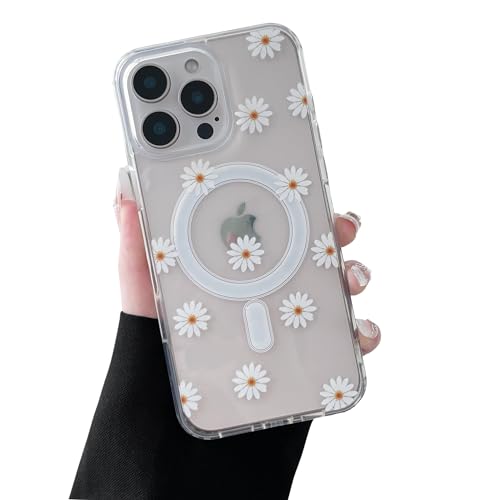 Coque iPhone 16 Pro Max transparente avec motif marguerite et aimant intégré