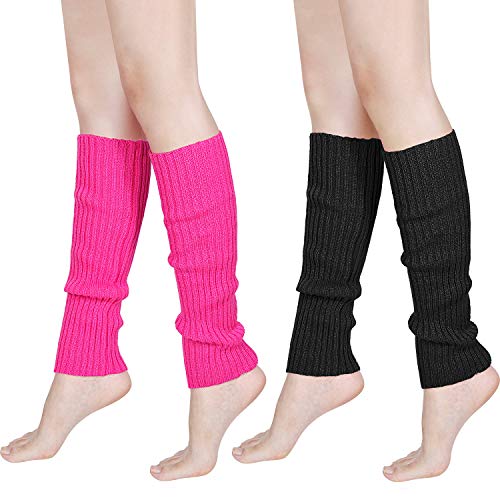 80s Women Knit Leg Warmers Ribbed Leg Warmers for Party Accessories (Rose Red, Black, 2)