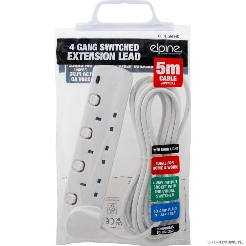 4 Way 5M Switched Extension Lead Indiv. + Neo, white