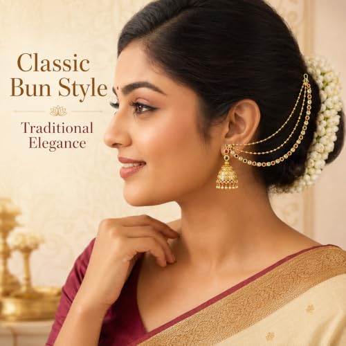 Image of Traditional 3-Layer Ear Chains (Mattal) with Sparkling Round Multi Colors Stones | Champaswaralu Kaan Chain for Heavy Jhumka Support | Artificial Indian Bridal Hair Accessories