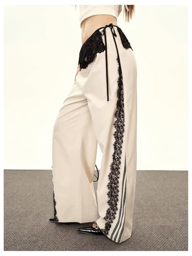 Floerns Women's Y2k Wide Leg Pants Elastic Waist Lace Trim Tie Side Going Out Trousers3