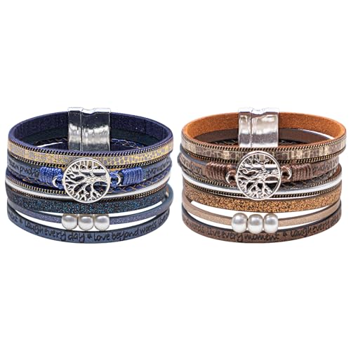 2pcs Leather Bracelets for Women Tree of Life Multi-Layer Wraps Bracelet Boho Leopard Multi-Layer Braided Cuff Bracelet Fashion Stackable Wrist Bracelet Valentine's Day Mother's Day Present