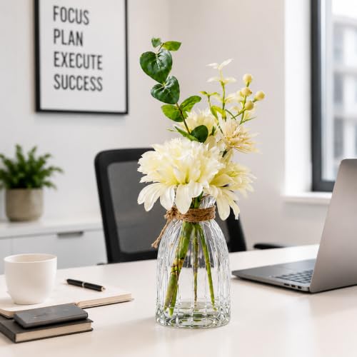Image of CURATED CART Artificial Flower in Glass Vase for Home Decor, Small Mini Fake Plant, Realistic White and Green Faux Flower Bunch for Home, Office, Tabletop, Maintenance-Free