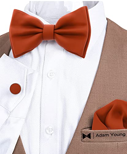Image of Adam Young Men's Bow Ties with Handkerchief & Cufflinks Pre-Tied Style Formal Satin Classic Bowtie for Tuxedo Faux Silk