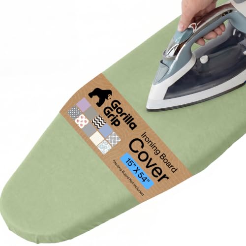 Image of GORILLA GRIP Ironing Board Cover, Silicone Coating, 400F Scorch and Stain Resistant with Thick Padding, Fits Over Standard Size Board, Heavy Duty Hook and Loop Fastener Strap, Sage 15x54