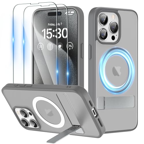 Coque iPhone 15 Pro Max MagSafe avec béquille intégrée et verre trempé gris