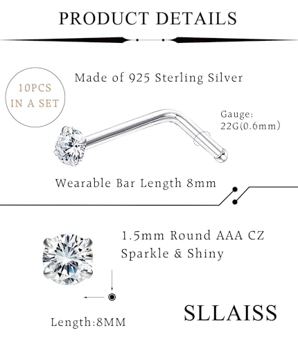 Sllaiss 10Pcs 22G Sterling Silver Small L Shape Nose Ring Studs for Women Mens Czech Crystal Curved Nose Piercings Set Body Jewelry Hypoallergenic4