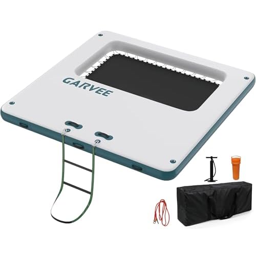 Garvee 10x10 ft Inflatable Floating Dock, Square Floating Platform with Mesh Swim Area, Non-Slip EVA Platform and Rope Ladder, Inflatable Water Floati