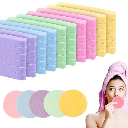 60Pcs Facial Sponges Compressed Facial Sponges 0.8cm Thick Face Cleansing Sponge for Men Women Massage Face Sponge for Makeup Removal(5 Colors)