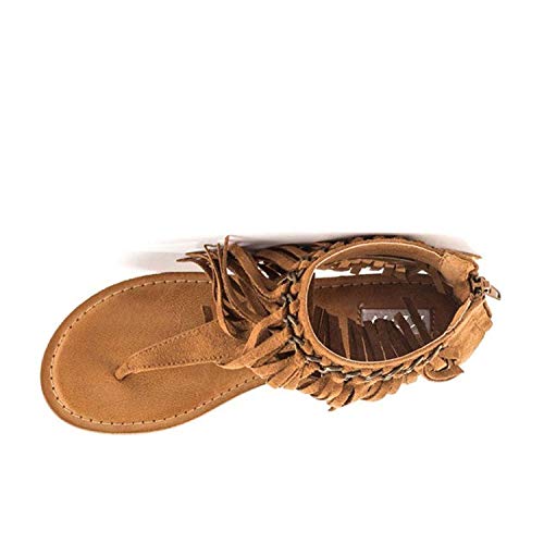 Ydn Women Flip Flops Sandals Fringes Thong Flats Shoes Suede Tassels Metal Chain Brown 13 #TOP2