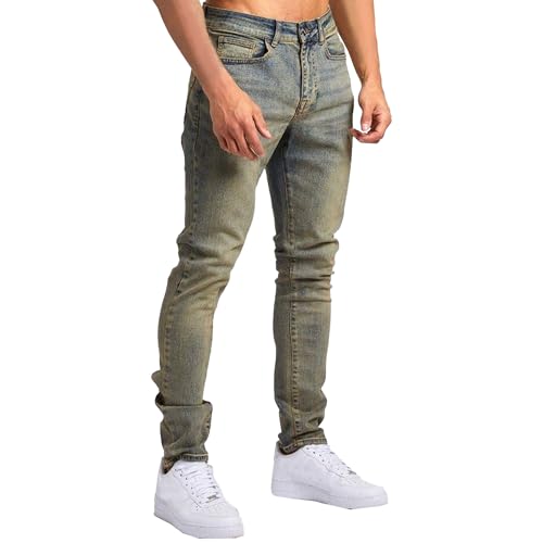 Mens Slim-Fit Stretch Jeans Vintage Regular Fit Denim Pants Straight Leg Classic Skinny Flex Jean Trousers