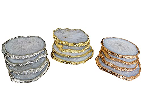 Natural Sliced White Agate Coasters For Drinks. Set Of 4 Stone Geode Crystal Coasters With Plated Edge, Surface Protectors And No Added Dyes. 3.5”-4” Size. (Gold) #TOP7