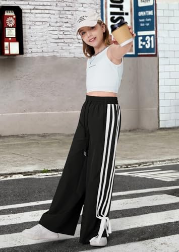Girls Summer Baggy Side Striped Bowknot Y2K Track Pants Elastic Drawstring Waist Long Wide Leg Trousers 5-14Y3