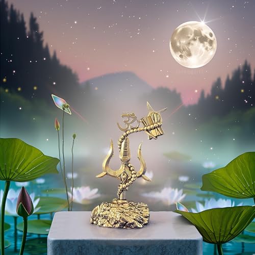 Brass Trishul Statue with Damru and Om Symbol, 4-Inch Decorative Figurine, Religious Car Dashboard Statue