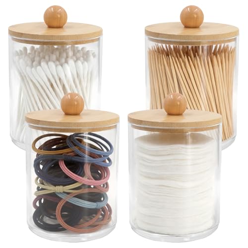 Esxiaze 4 Stück Acryl Wattestäbchen Behälter, Wattepads Aufbewahrung mit Bambus Deckeln Qtip Behälter Wattepads Box für Beauty-Ei, Zahnseide, Tampon, Süßigkeiten, Schreibwaren, Schmuckstück