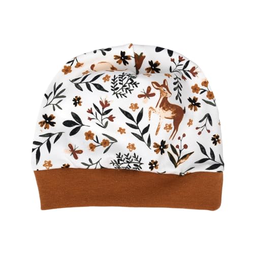 Mütze Beanie Waldtiere Boho Rehkitz Hase Eichhörnchen Baby Jungen Mädchen Frühchen handmade Geschenk Geburt Babyparty (KU 30-33 cm, leichte Mütze ohne Futter, creme-zimt)