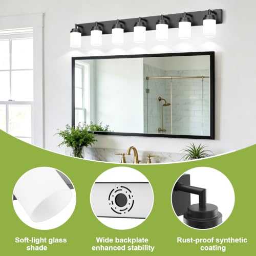 Image of Bathroom Light Fixtures, Matte Black Bathroom Lighting Fixtures Over Mirror, Modern Vanity Light with White Glass Shade, Restroom Lighting Fixtures, 7-Light 54-inch