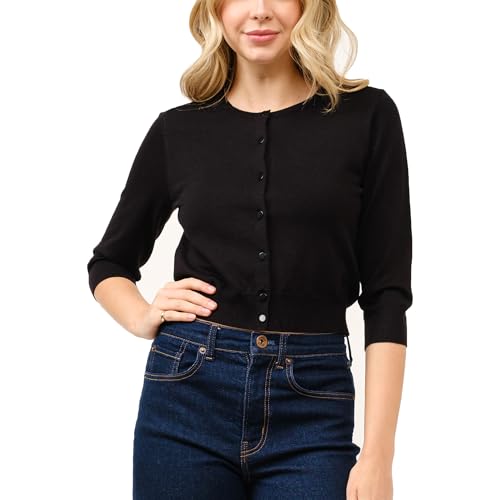 Image of Women's Cropped Cardigan 3 /4 Sleeve Crewneck Button Up Sweater Knit Top (S~XL)