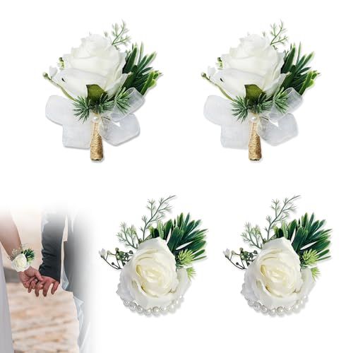 JNYUTEEN 4 Pièces Ensemble Fleurs de Mariage, Boutonnière et Corsage de Poignet Blancs Artificiels, Accessoires pour Cérémonie Noces Bal de Fin d'Études...