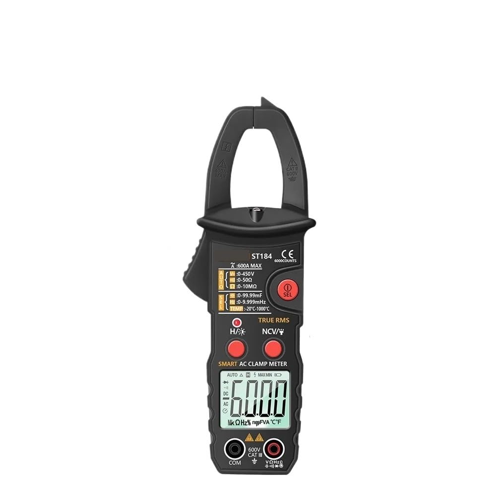 Multimetri ST184 6000 conteggi Multimetro Digitale Professionale Pinza amperometrica True RMS AC/DC Tester di Tensione Corrente AC Hz capacità Ohm (Color : ST184 Black)