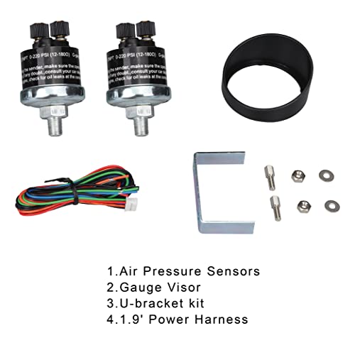 Image of 52mm 2-1 /16 inch Digital Dual Air Ride Air Pressure Gauge | Air Ride Suspension, Air Bag Suspension System, Blue LED, 220 PSI, Digital, with Mechanical Pressure Sensor