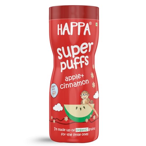 Image of Happa Organic Baby Puffs | Apple Cinnamom Flavour | Made with Organic Ingredients | Melt-in-the-Mouth, Supports Self-Feeding & Baby-Led Weaning | No Artificial Flavours or Colours | Stage 2 (8 Months+) | Pack of 1 (40g Pack)