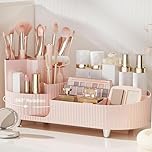 Suyoo 360° Rotating Makeup Organiser with Brush Holder,Large Capacity Cosmetic Display Case for Vanity,Countertop,Bedroom (Pink)