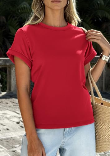 Image of PRETTYGARDEN Womens Summer Tops Short Sleeve Shirts | Lightweight Stretchy Knit,Rolled Sleeves,Crewneck Basic Tees,Loose Fit Daily T Shirt,Casual Work Travel Vacation Outfits