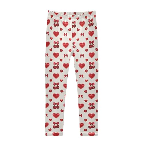 Bow Hearts Cherry Pattern Girls Leggings Soft Comfortable Athletic Leggings Dancing Pants for 4-10 Years