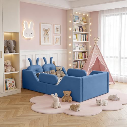 Image of Twin Size Kids Floor Bed Frame, Upholstered Montessori Platform Bed W /Removable Rails Cute Daybed Frame for Girls Boys, No Box Spring Required,Blue
