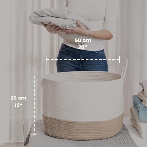 OrganiHaus Extra Large Woven Laundry Basket W/Handles, Decorative Blanket Basket for Living Room & Nursery, Kids Toy Organizer & Storage, Soft Round Dog Toy Storage Bin - 20"x13" in, Honey/Off-White