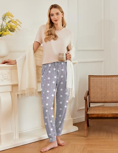 Image of Ekouaer Pajamas for Women Set 2 Pack Lounge Set Short Sleeve Pjs Joggers Long Pants Loungepwear with Pockets