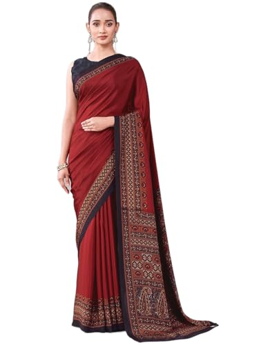 Image of Satrani Women's Crepe Printed Saree with Unstitched Blouse Piece