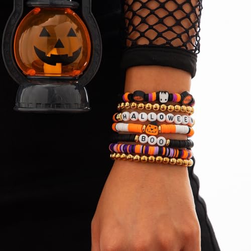 Beaded Bracelets for Women Stackable Pumpkin Charm Bracelet Set Ghost Stretch Bracelets Halloween Party Bracelets for Hand Accessories Jewelry(7 PCS)2