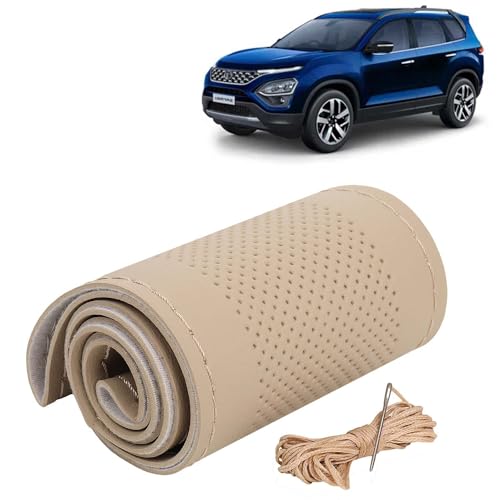 Image of KINGSWAY PU Leatherite Car Steering Cover Sewable Compatible with Tata Safari (Year 2021-2023), Beige Color with Beige Thread, Pack of 1 with Sewing Needle and Thread
