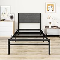 MOFLUT Single Bed Frame with Storage and Upholstered Headboard, Heavy Duty Platform Single Bed Frames with Metal Slat Support, No Box Spring Needed &Easy Assembly, Gray Single Bed